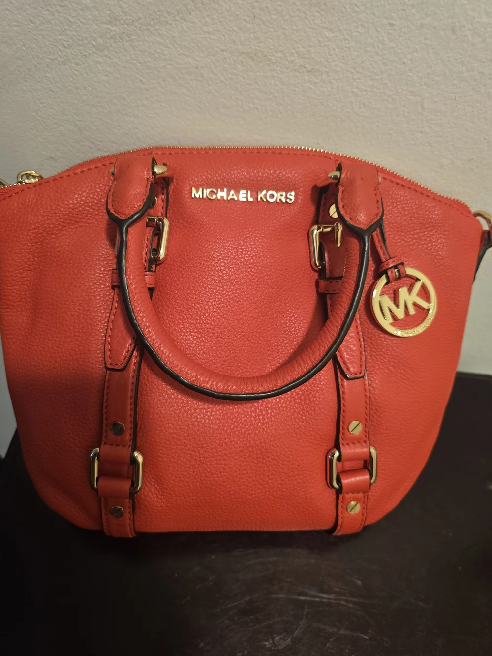 Michael Kors Red Pebbled Leather Dome Satchel with Gold Hardware